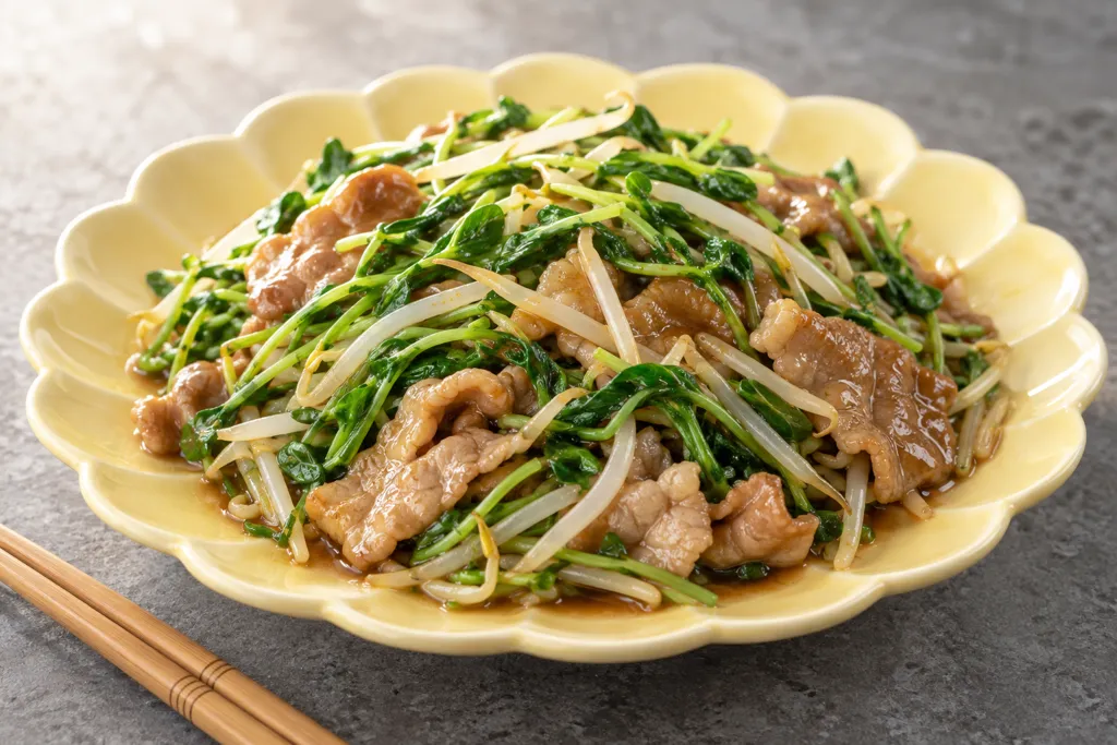 豚肉と豆苗のオイスター炒めの完成イメージ