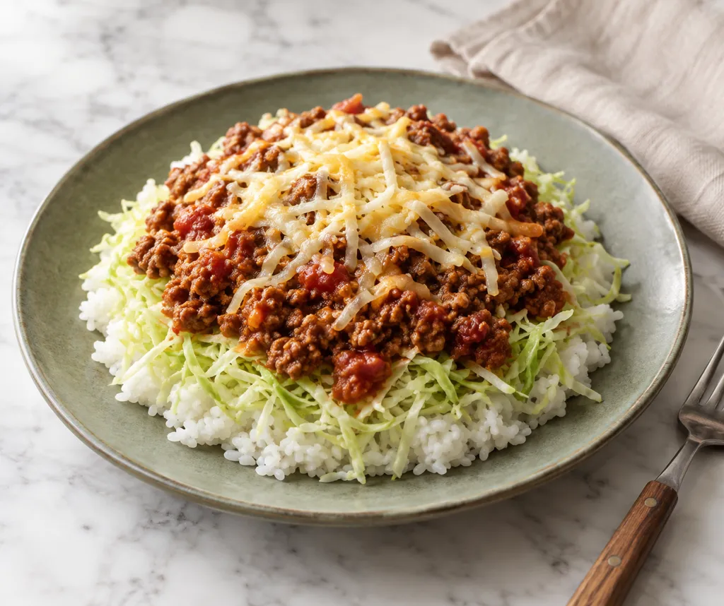 牛ひき肉とキャベツのタコライスの完成イメージ