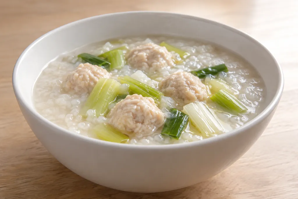 鶏団子とねぎの中華粥の完成イメージ