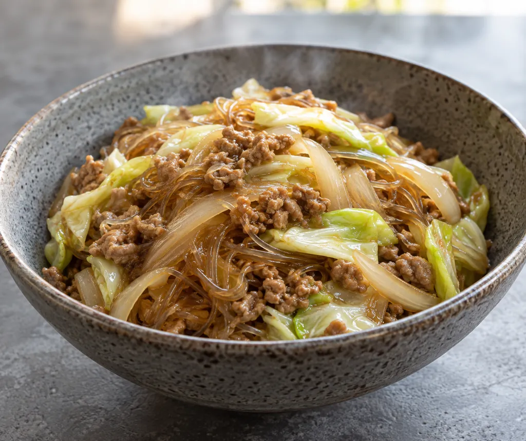 豚ひき肉とキャベツ玉ねぎのチャプチェの完成イメージ
