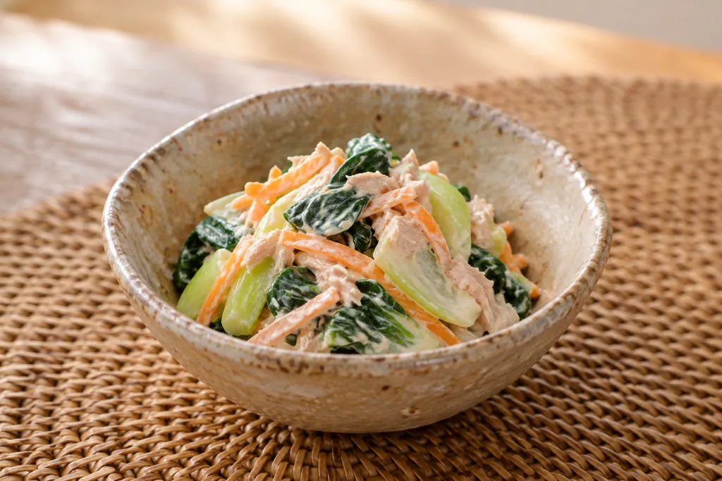 チンゲン菜とにんじんのツナマヨ和えの完成イメージ