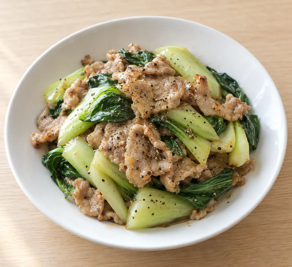 豚こま肉とチンゲン菜の黒こしょう炒めの完成イメージ