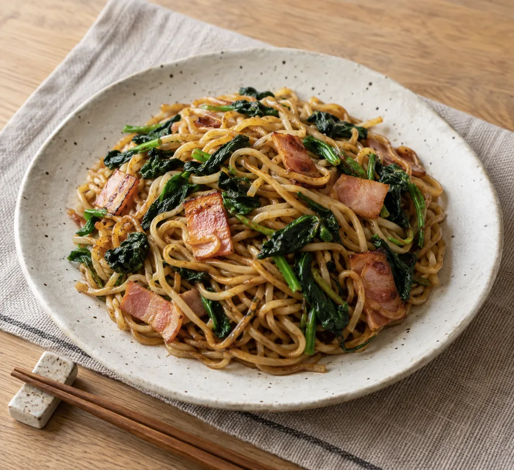 ベーコンとほうれん草の焼きそばの完成イメージ