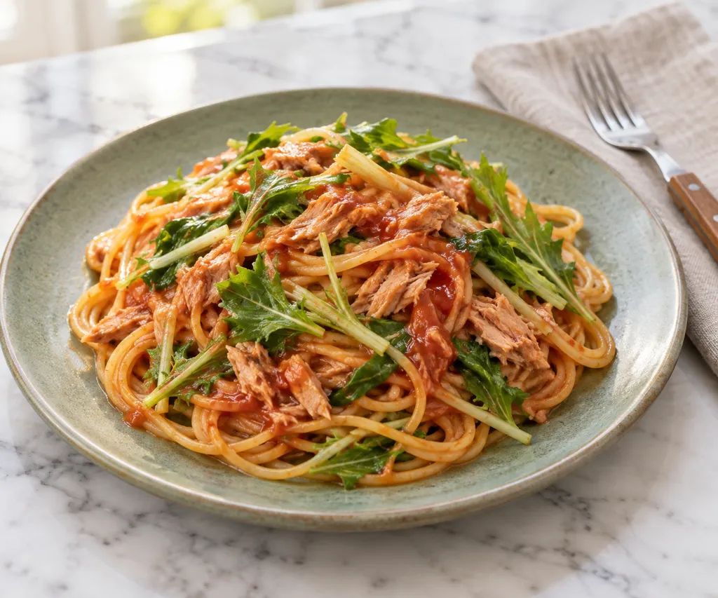 ツナと水菜のケチャップパスタの完成イメージ