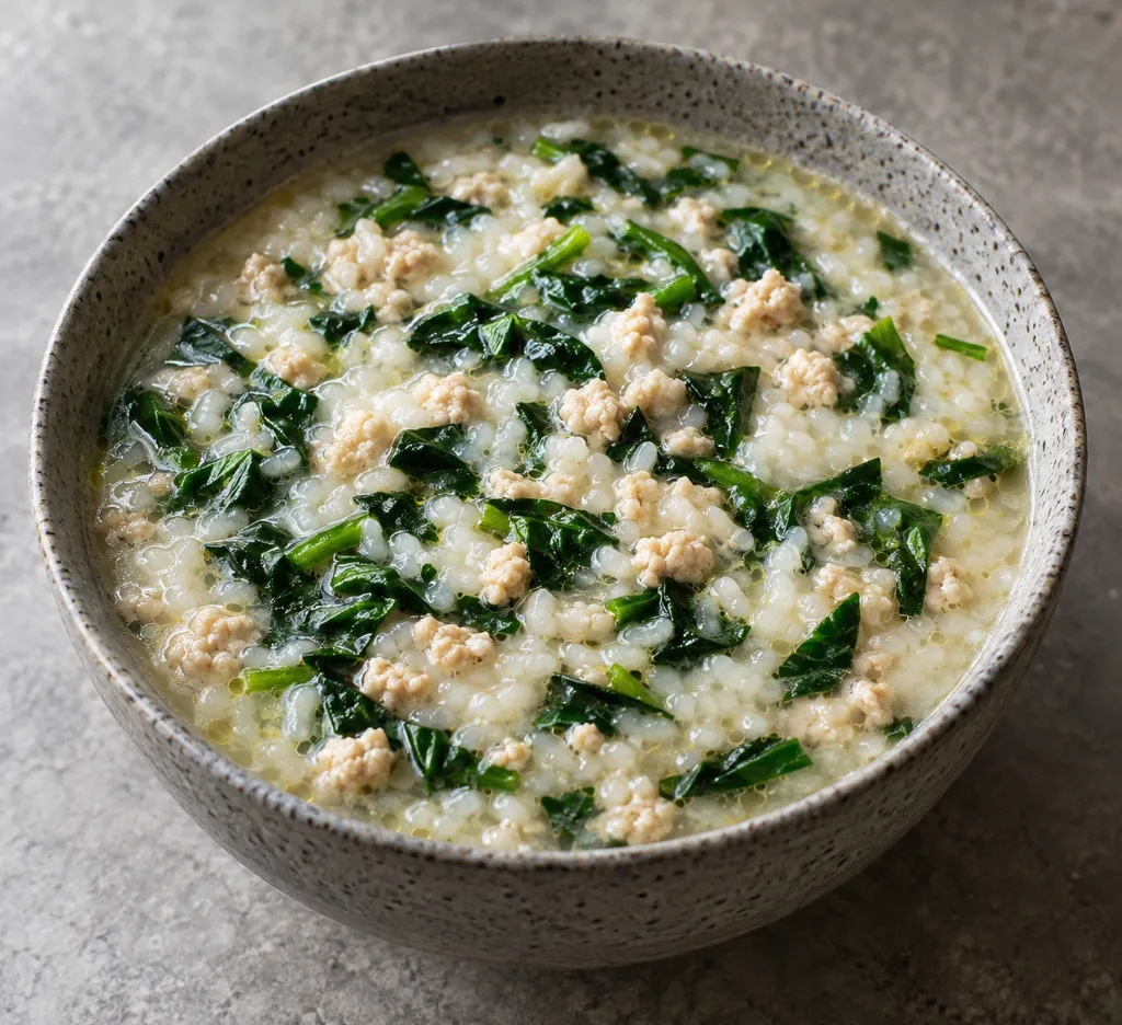 鶏ひき肉とほうれん草のタイ風おかゆの完成イメージ