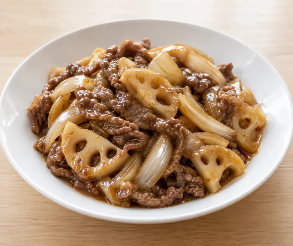 牛もも肉とれんこんの甘酢あんの完成イメージ
