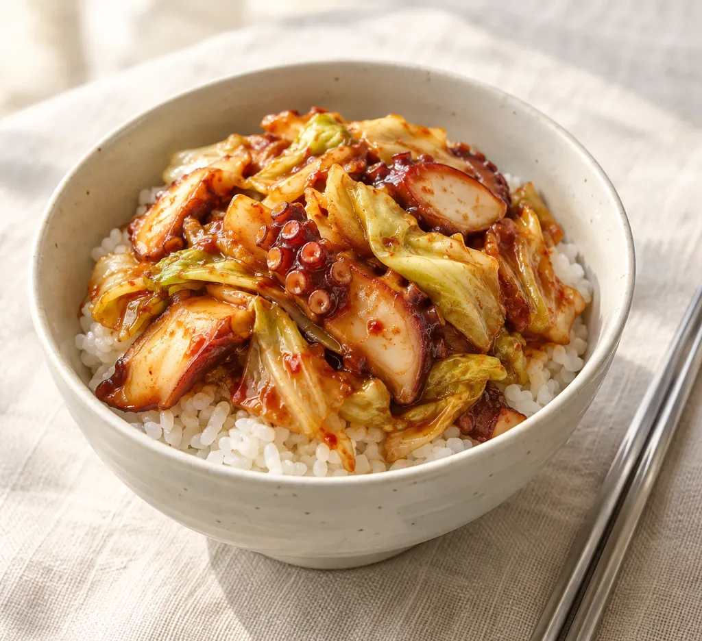 たことキャベツの韓国甘辛丼の完成イメージ