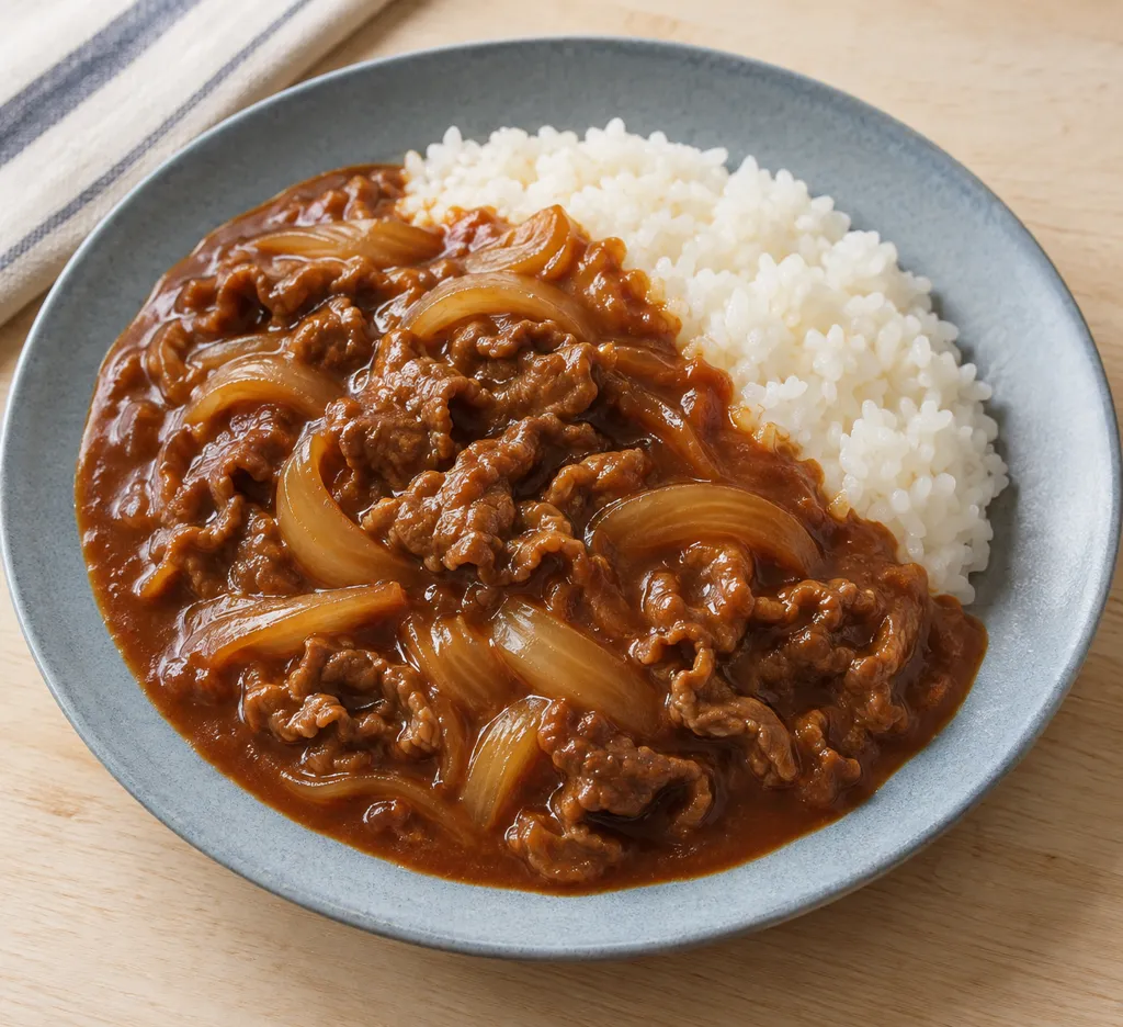 時短牛こま肉と玉ねぎのハヤシライスの完成イメージ