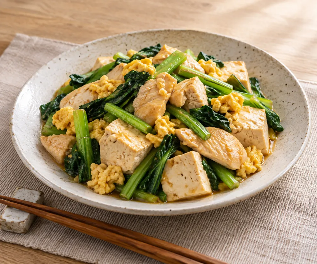 鶏むね肉と小松菜の豆腐チャンプルーの完成イメージ