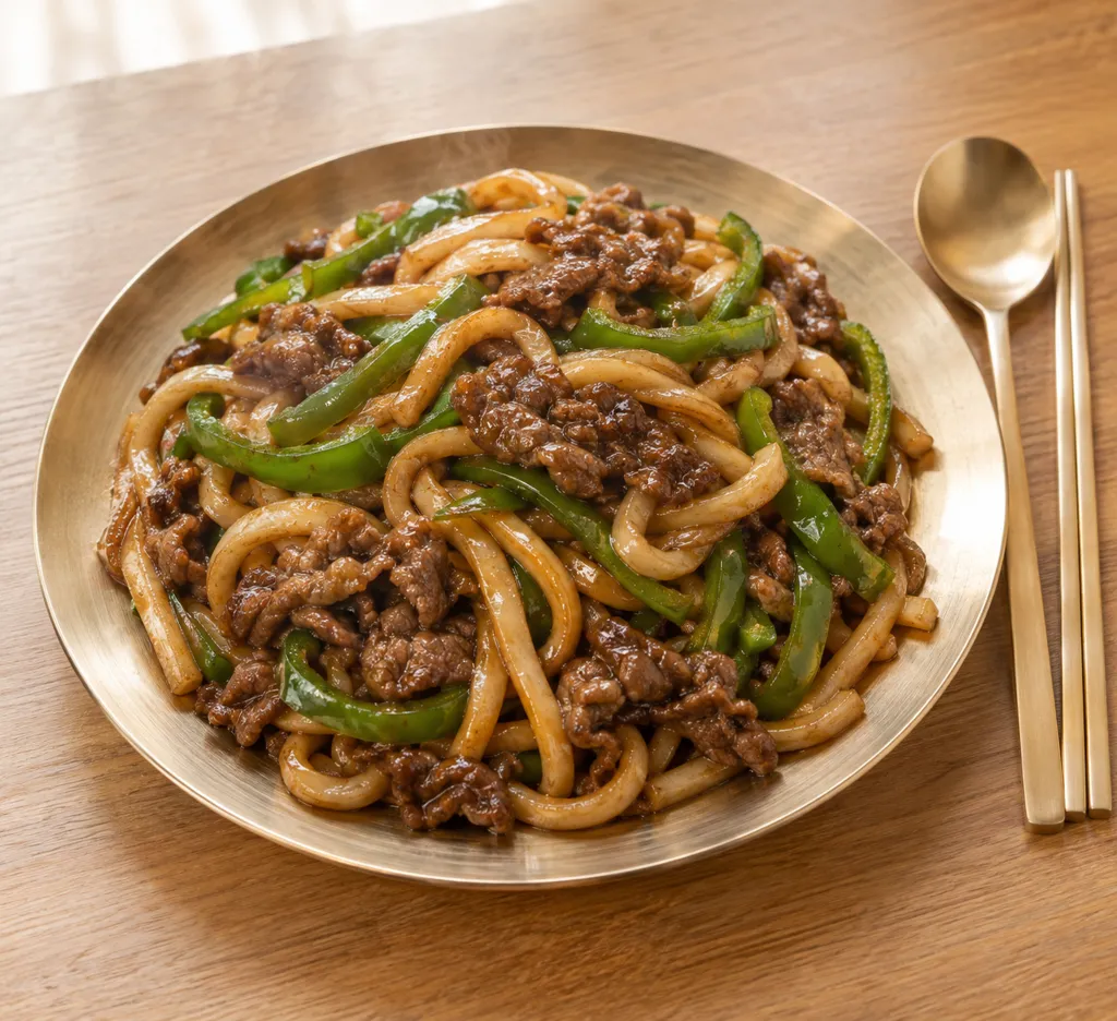 牛こま肉とピーマンの焼きうどんの完成イメージ