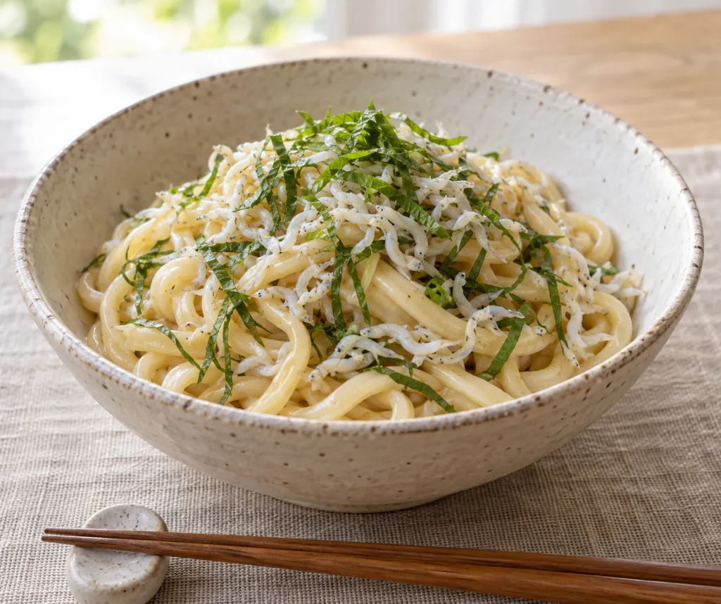 しらすと大葉の和風焼きうどんの完成イメージ