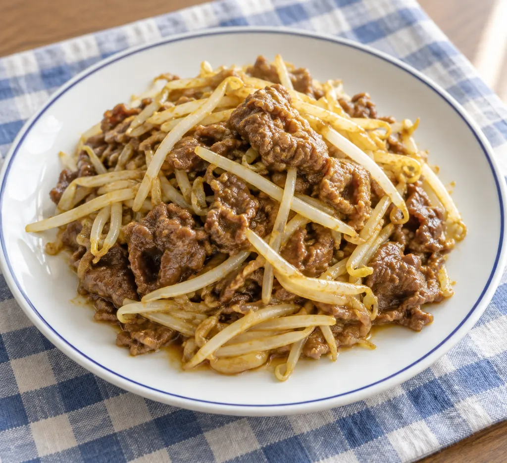 牛薄切り肉ともやしのカレー炒めの完成イメージ