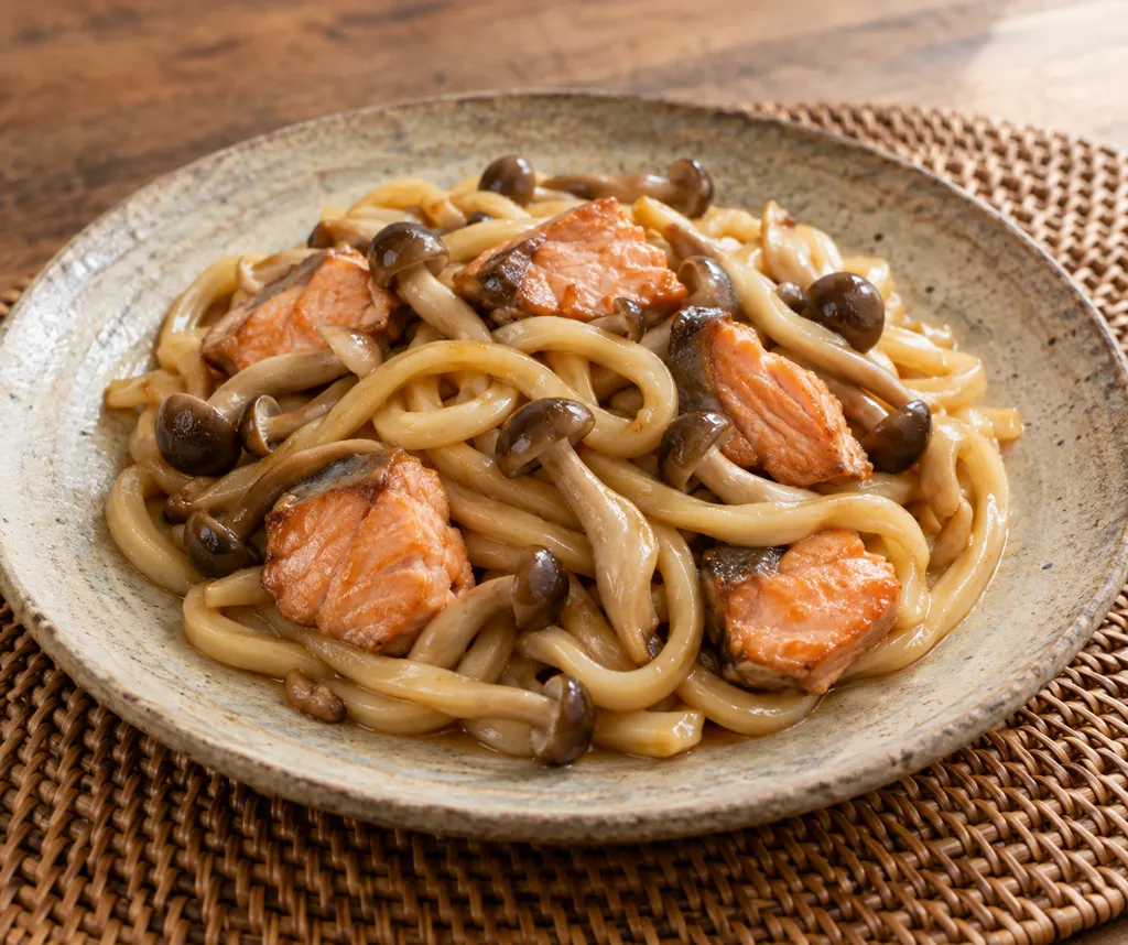 鮭としめじの和風焼きうどんの完成イメージ