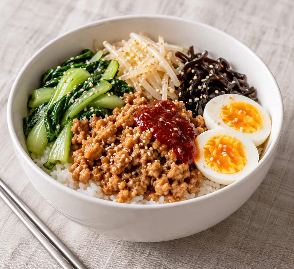 鶏ひき肉とチンゲン菜のビビンバの完成イメージ
