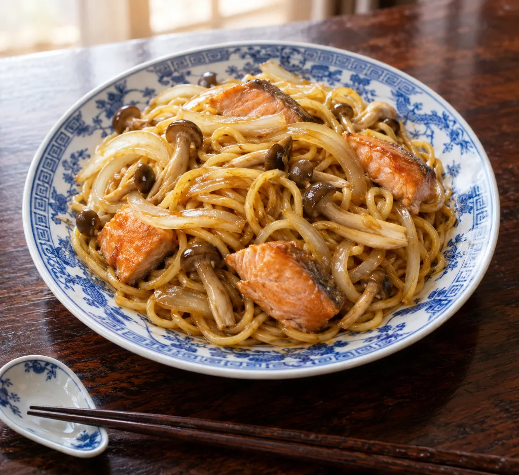 鮭としめじの中華焼き麺の完成イメージ