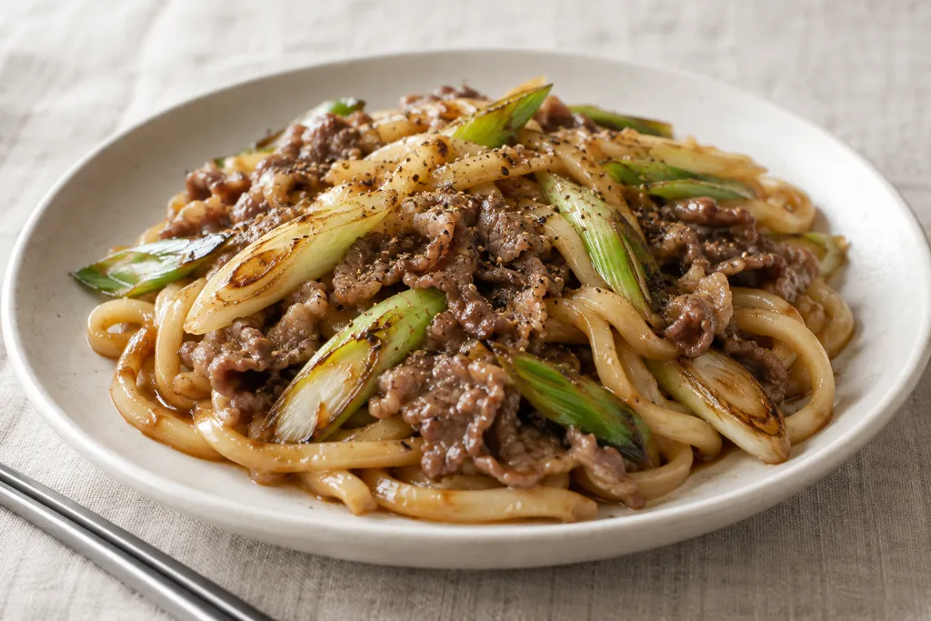 牛こま肉とねぎのエスニック焼きうどんの完成イメージ
