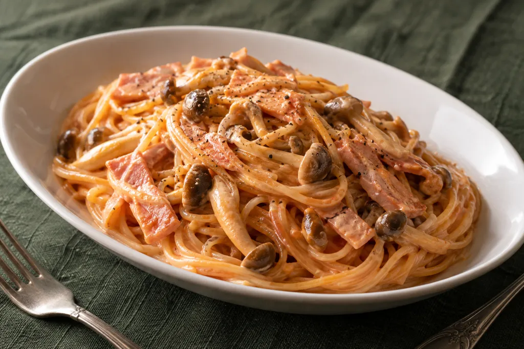 ベーコンとしめじのケチャップマヨパスタの完成イメージ