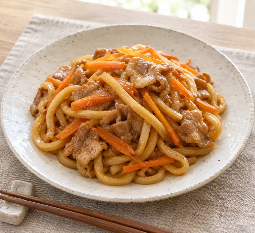 時短豚こま肉とにんじんの焼きうどんの完成イメージ
