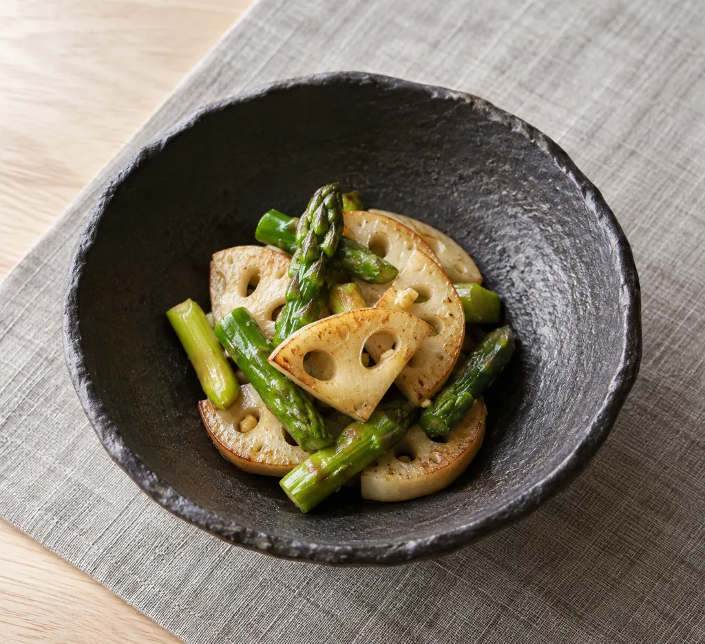 れんこんとアスパラガスのにんにく塩焼きの完成イメージ