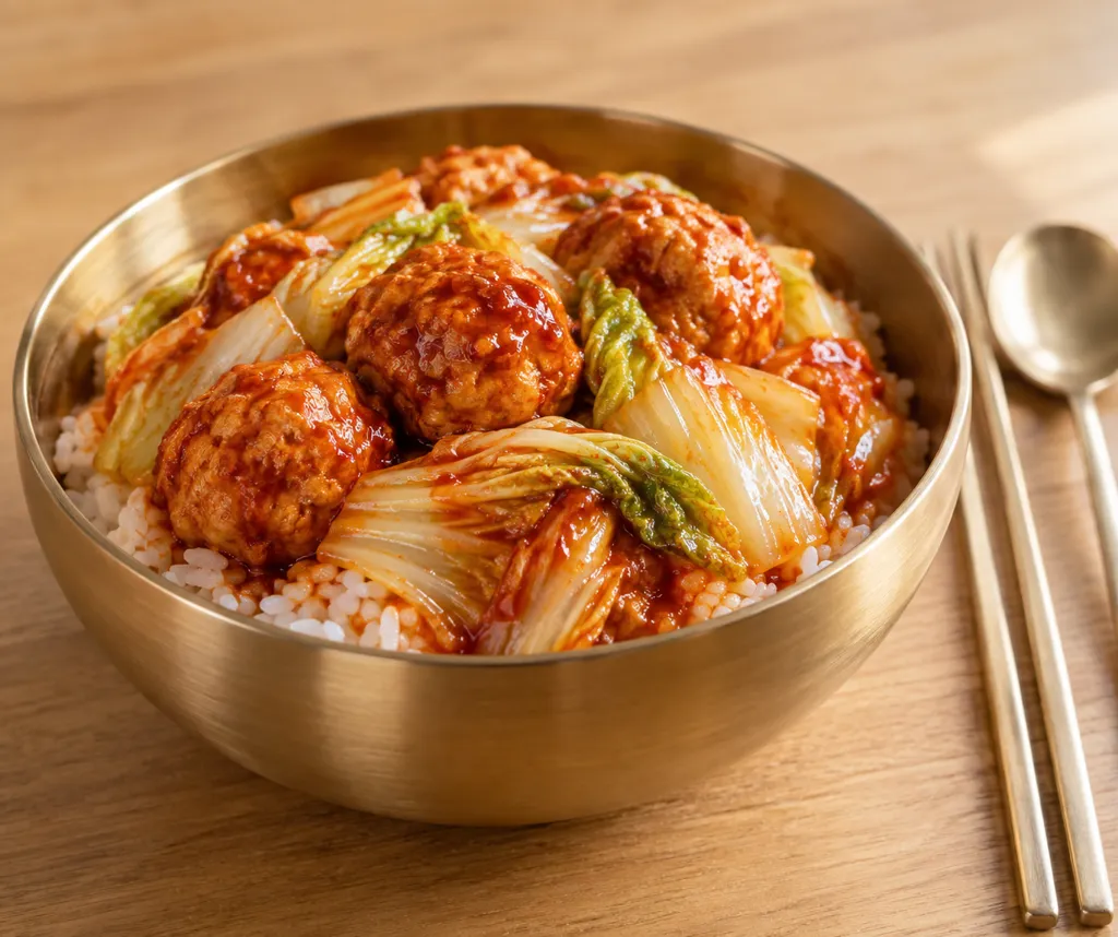 鶏団子と白菜の韓国甘辛丼の完成イメージ