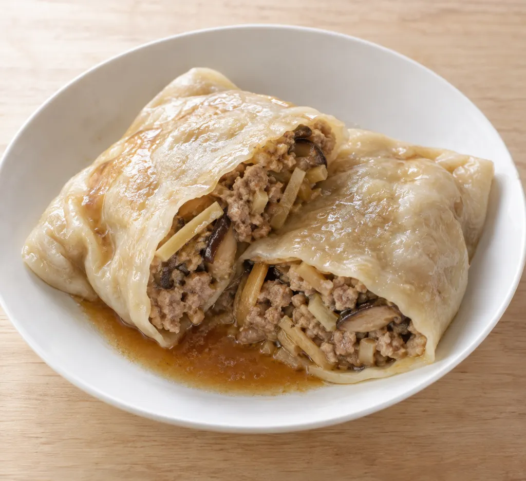レンジ豚ひき肉とたけのこの大判蒸し餃子風の完成イメージ
