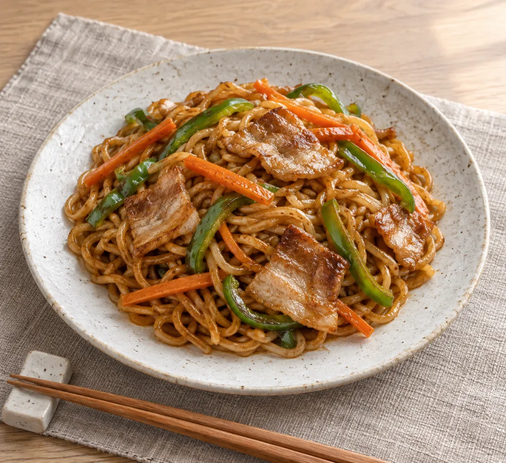 豚バラ肉と彩り野菜のソース焼きそばの完成イメージ