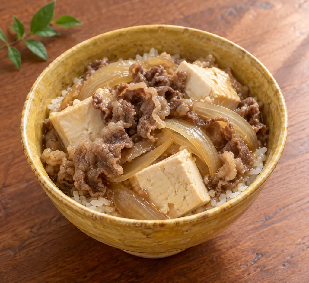 豆腐と玉ねぎの牛丼の完成イメージ