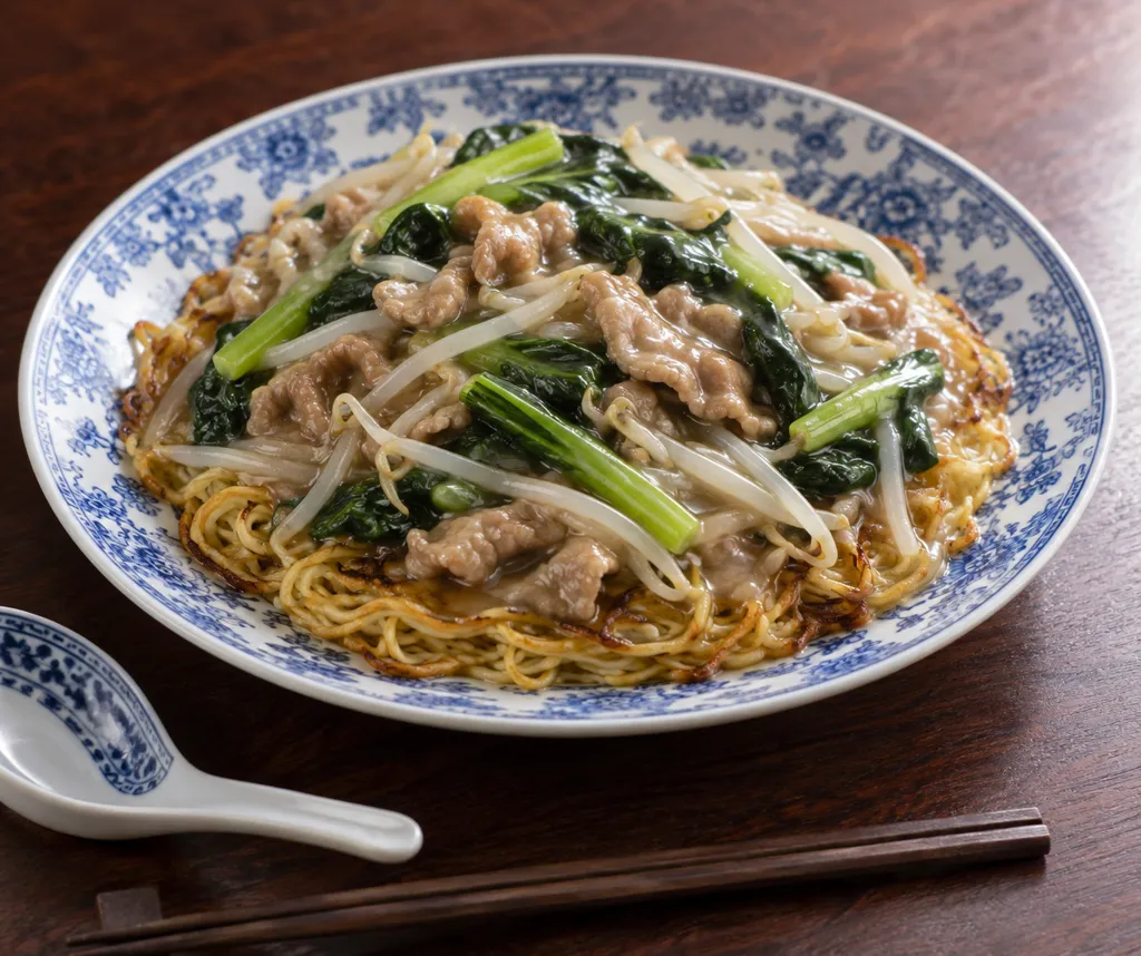 豚こま肉と小松菜のあんかけ焼きそばの完成イメージ