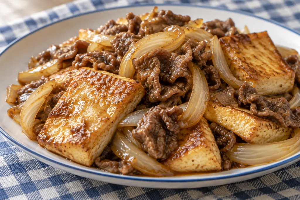 牛こま肉と玉ねぎの甘辛豆腐炒めの完成イメージ