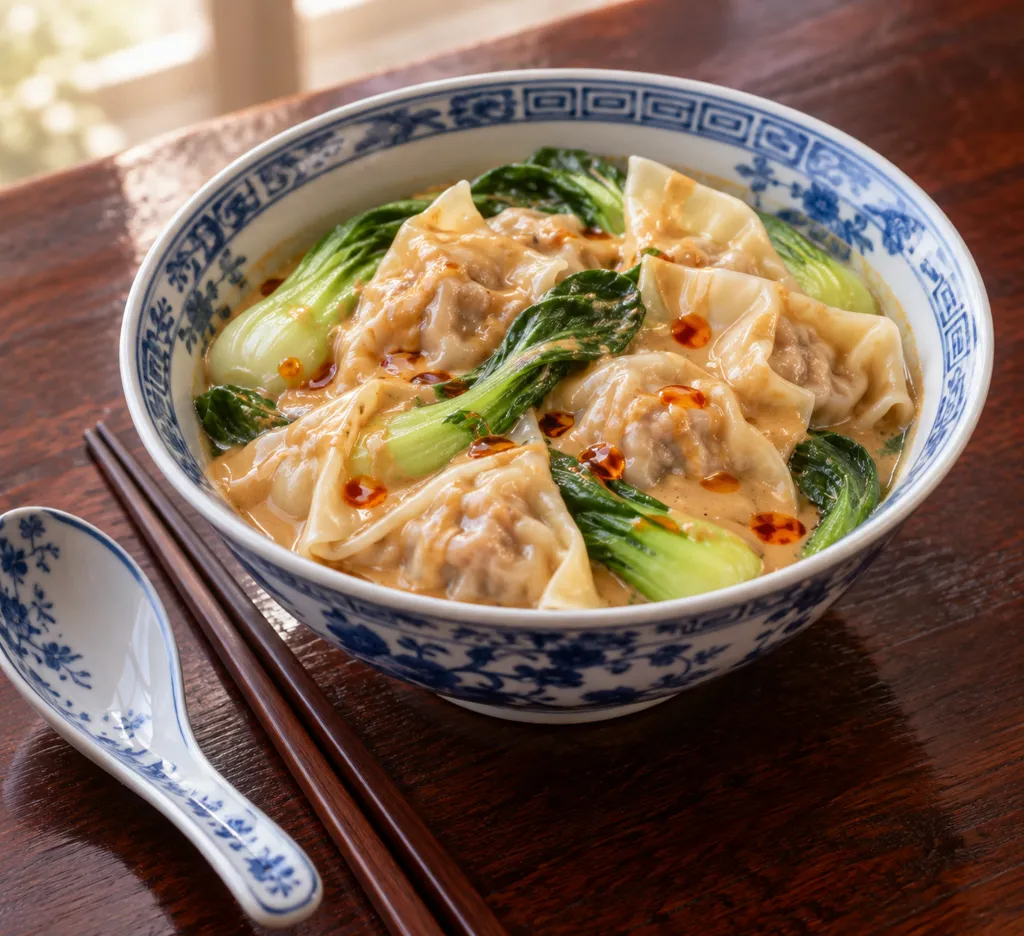 豚とチンゲン菜のごまだれワンタンの完成イメージ