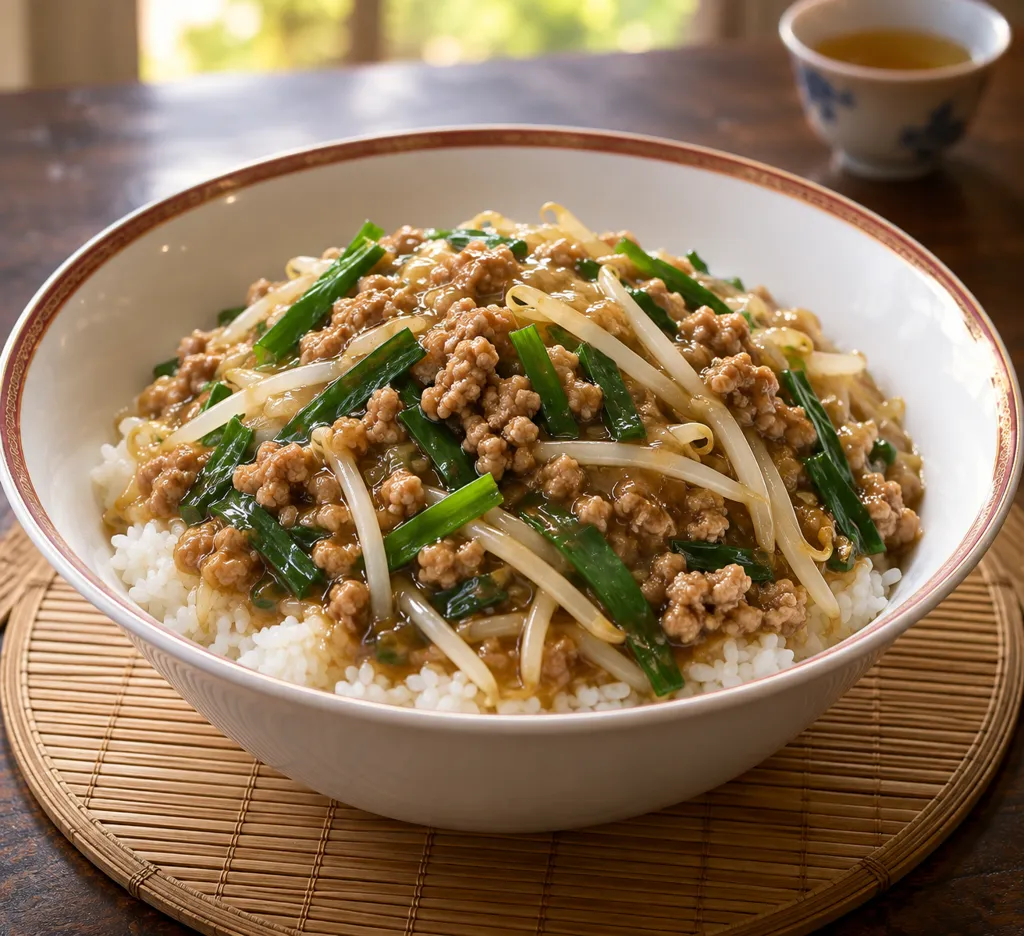 豚ひき肉ともやしの中華丼の完成イメージ