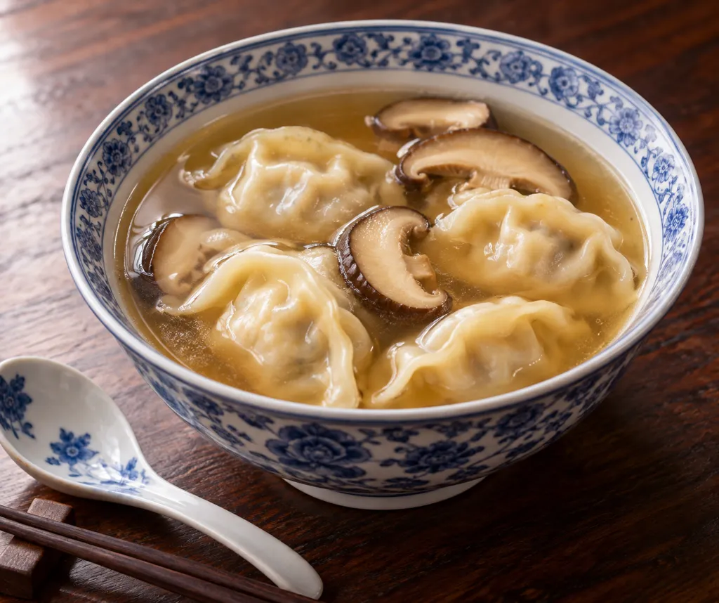 冷凍餃子としいたけの水餃子スープの完成イメージ