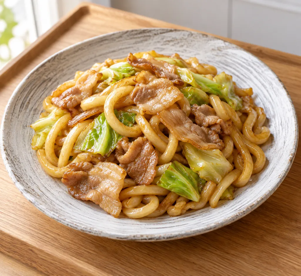 時短豚バラ肉とキャベツの和風焼きうどんの完成イメージ