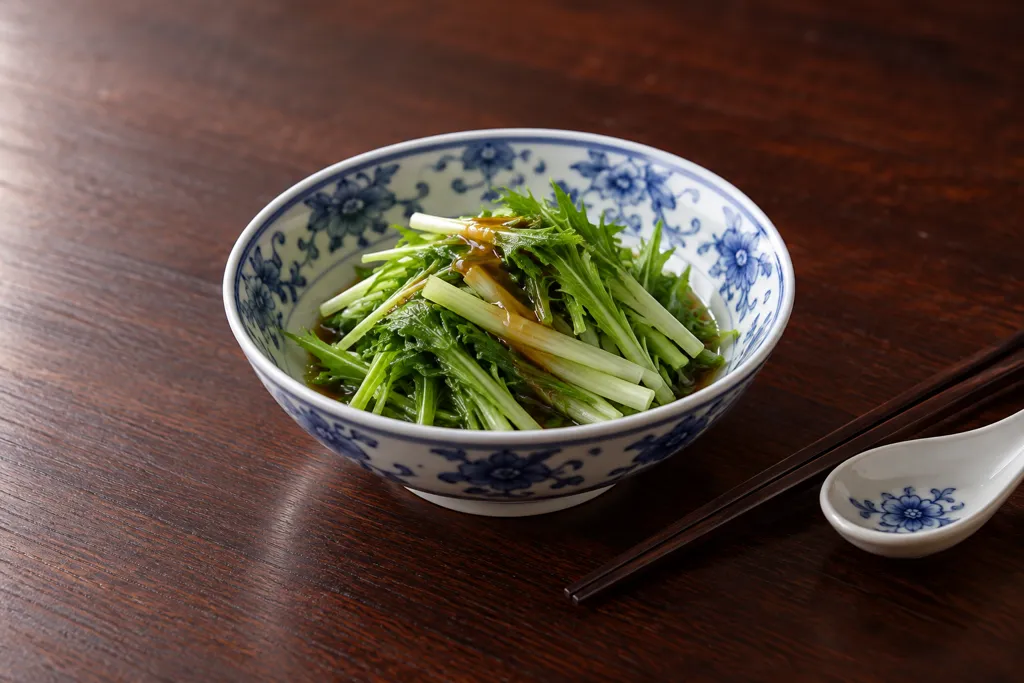水菜とさっぱりオイスターだれの湯引きの完成イメージ