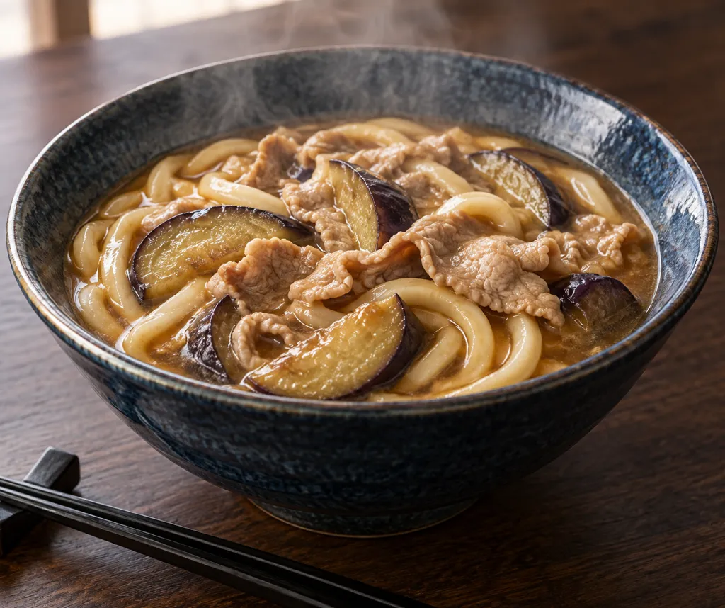豚ロースとなすの味噌煮込みうどんの完成イメージ