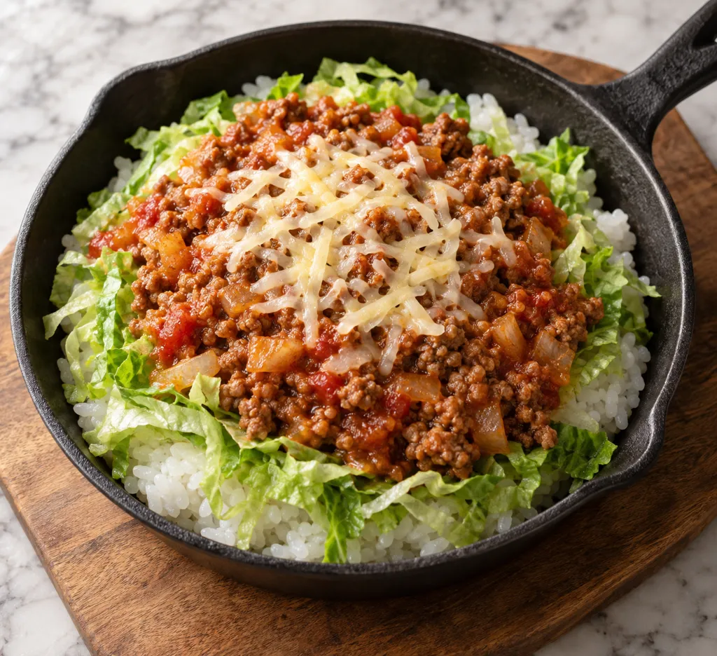 豚ひき肉と玉ねぎのタコライスの完成イメージ