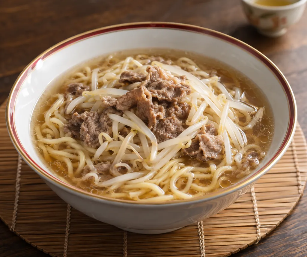 牛こま肉ともやしの中華スープ麺の完成イメージ