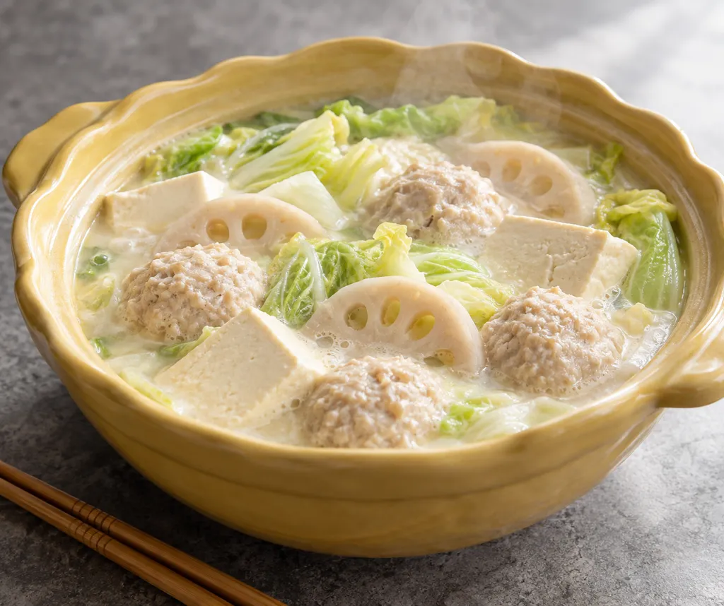 鶏団子とれんこんの中華豆乳風鍋の完成イメージ
