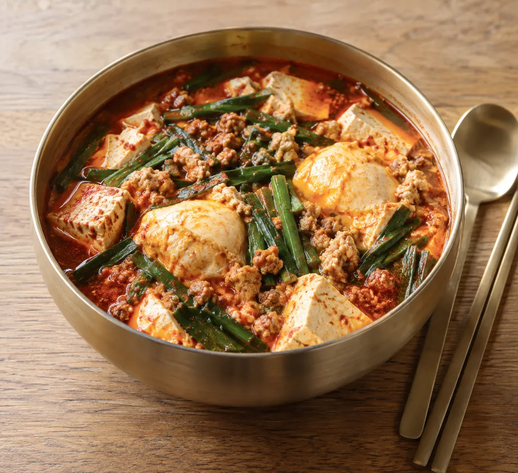 豚ひき肉とニラのスンドゥブ鍋の完成イメージ