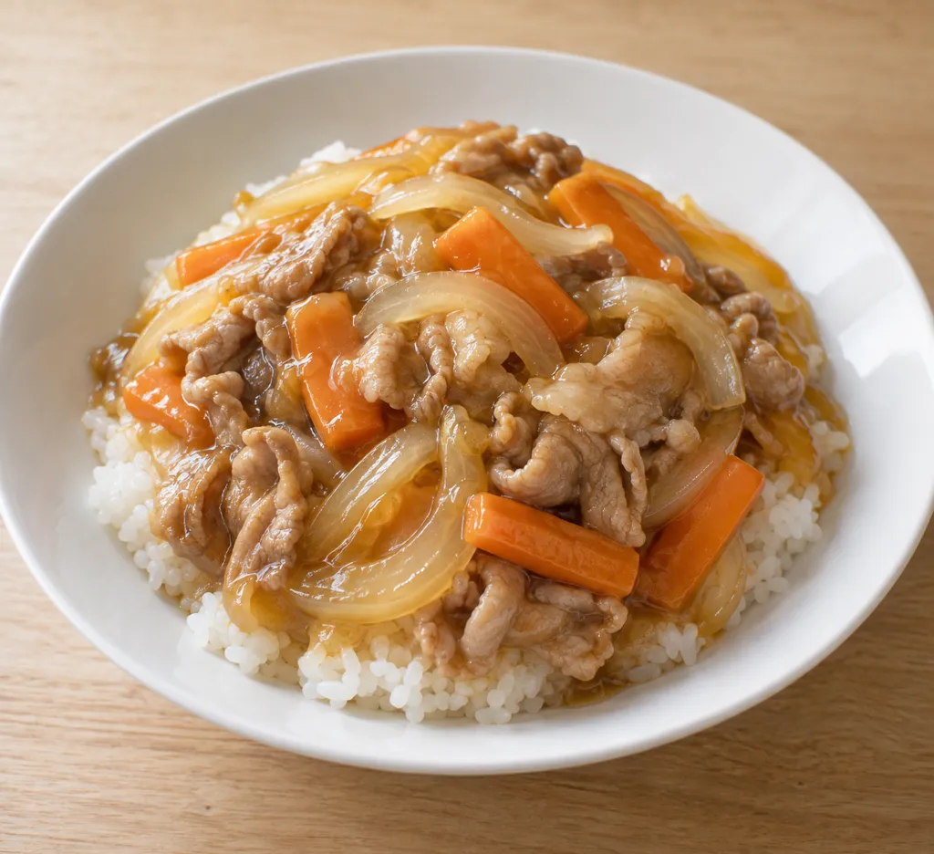 豚こま肉と玉ねぎの中華あんかけ丼の完成イメージ