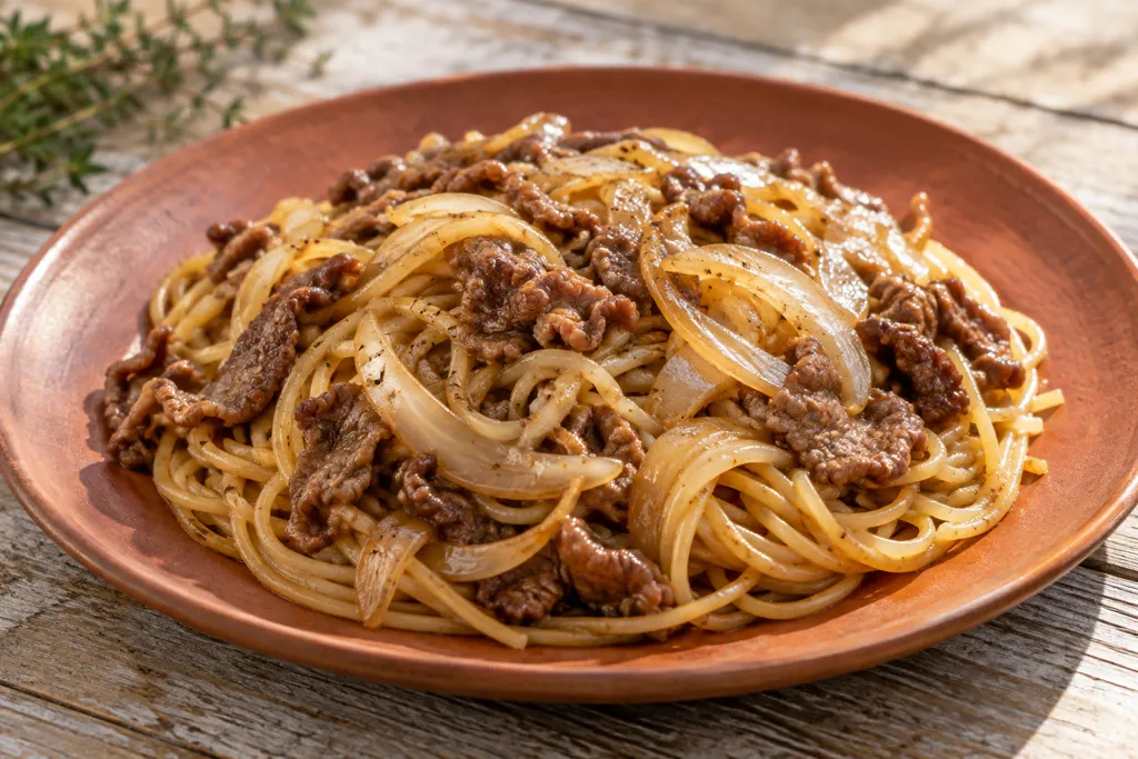 牛こま肉と玉ねぎのペペロン風パスタの完成イメージ