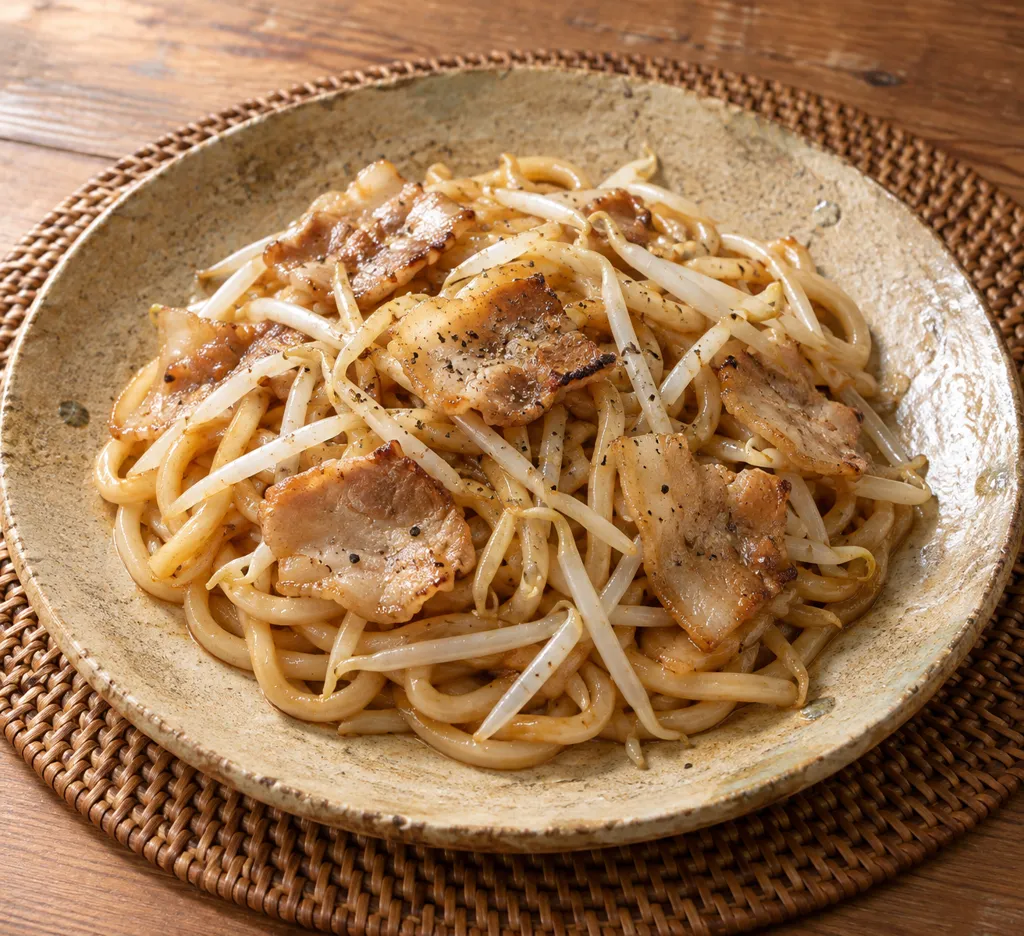 時短豚バラ肉ともやしの焼きうどんの完成イメージ