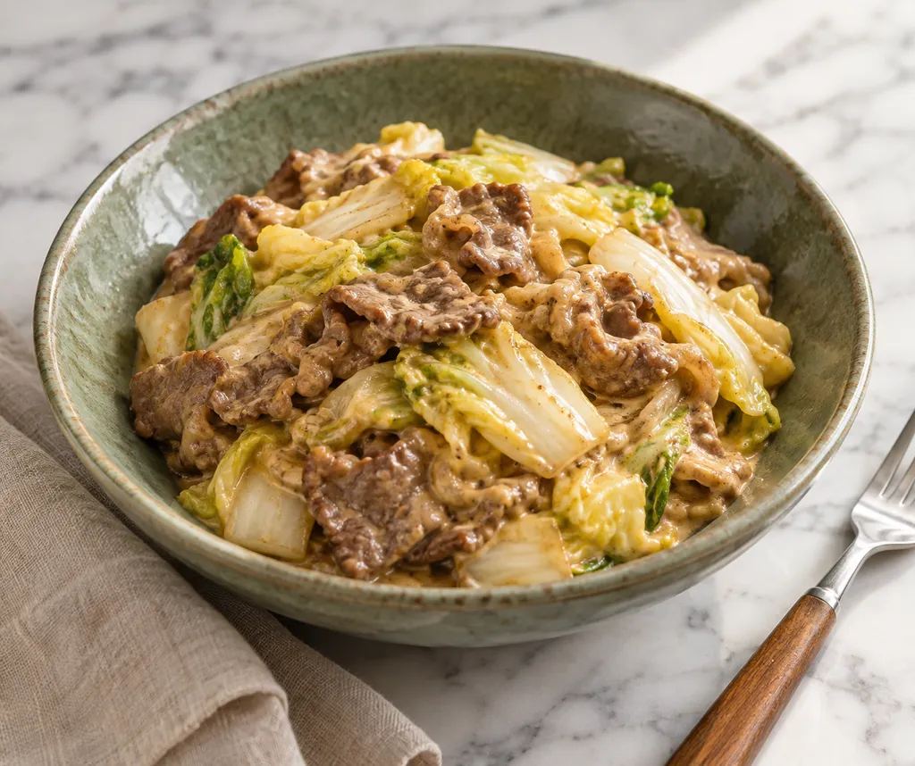 牛薄切り肉と白菜の味噌マヨネーズ炒めの完成イメージ