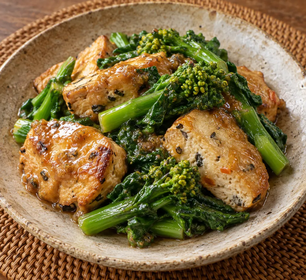 がんもどきと菜の花の味噌だれ焼きの完成イメージ