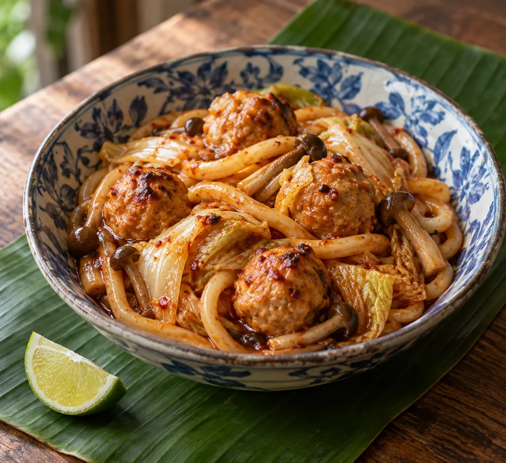 鶏団子と白菜の韓国辛うどんの完成イメージ