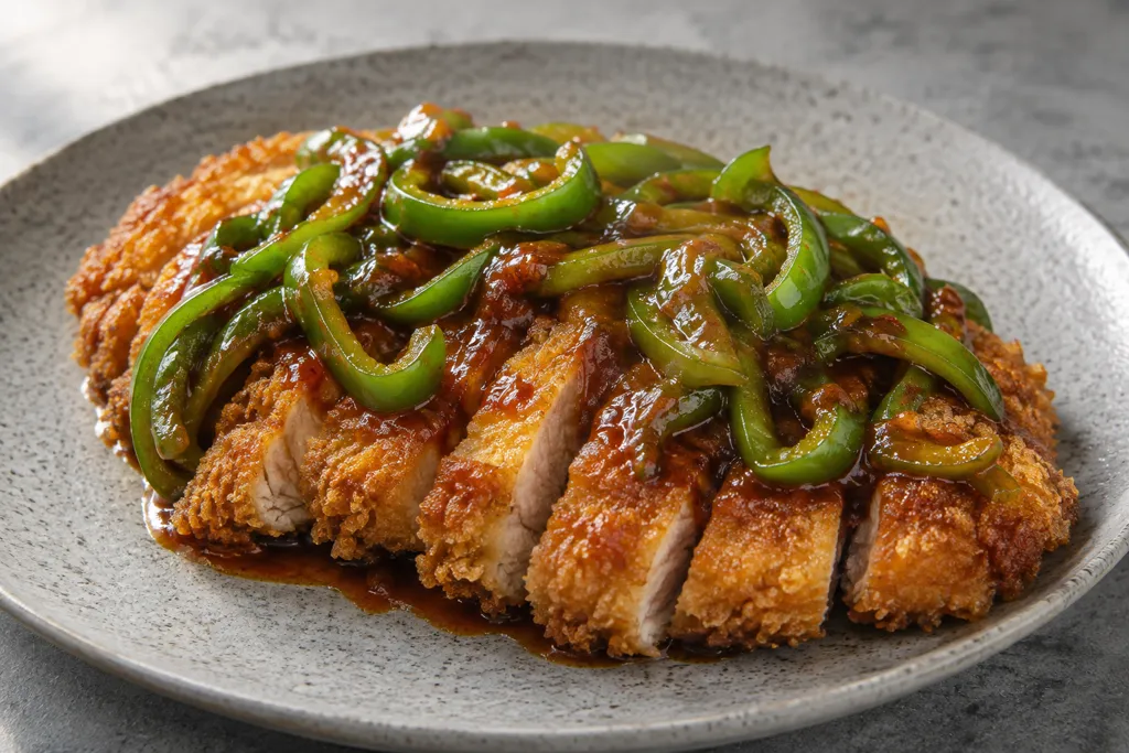 とんかつ用豚肉とピーマンの韓国豚カツの完成イメージ