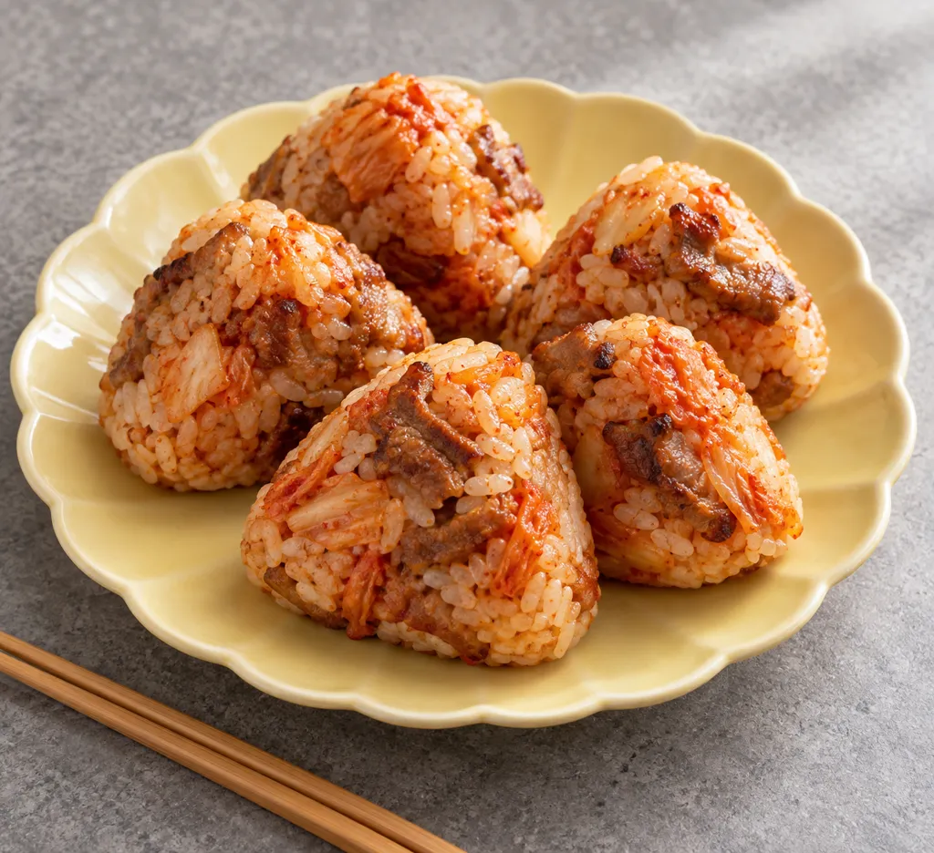 豚こま肉とキムチの韓国風おにぎりの完成イメージ