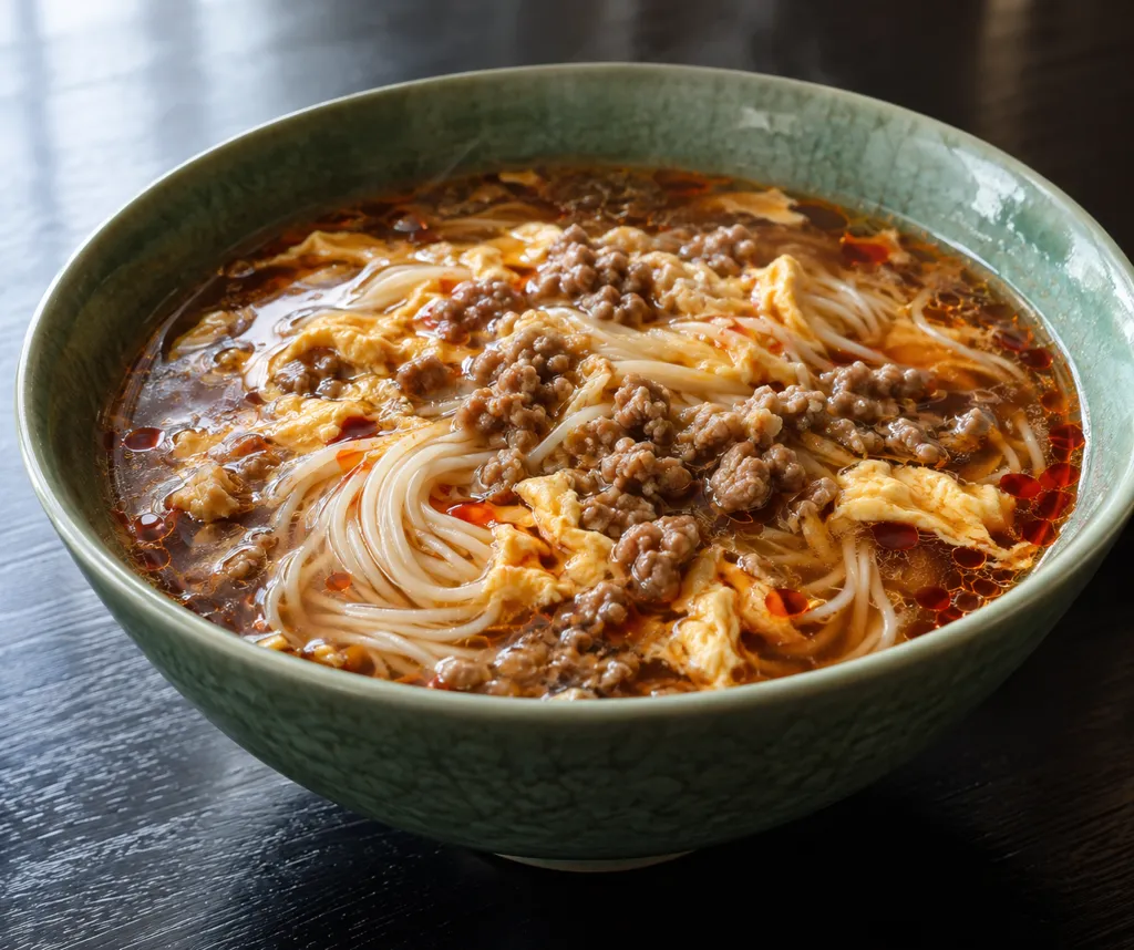 豚ひき肉と卵の黒酢酸辣湯そうめんの完成イメージ