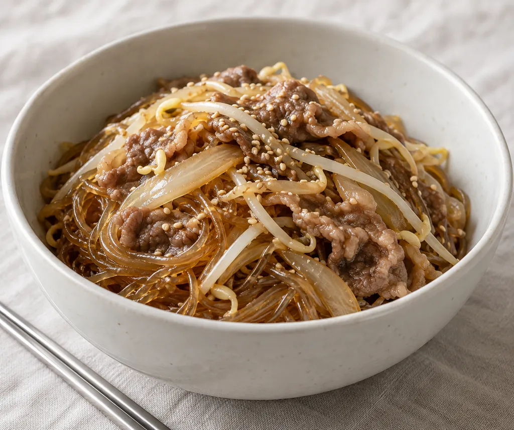 牛バラ肉ともやしのチャプチェの完成イメージ