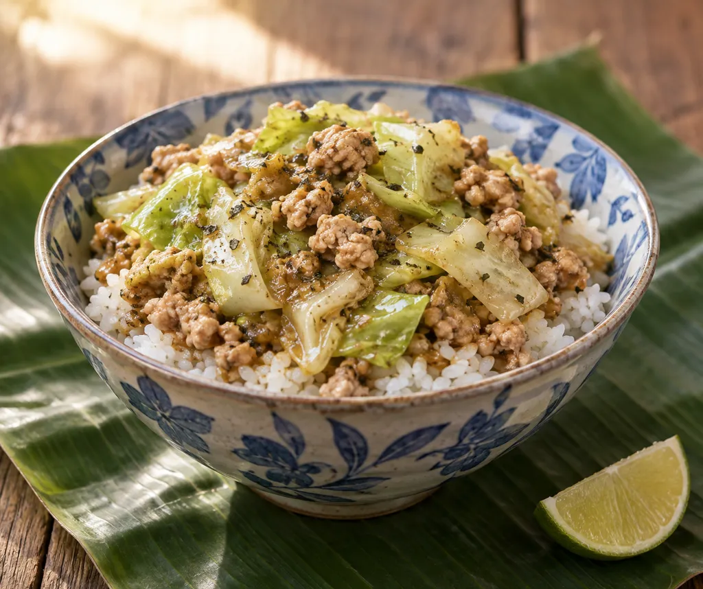 鶏ひき肉とキャベツのバジル炒め丼の完成イメージ